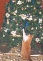 Boomer swatting balls off Christmas tree